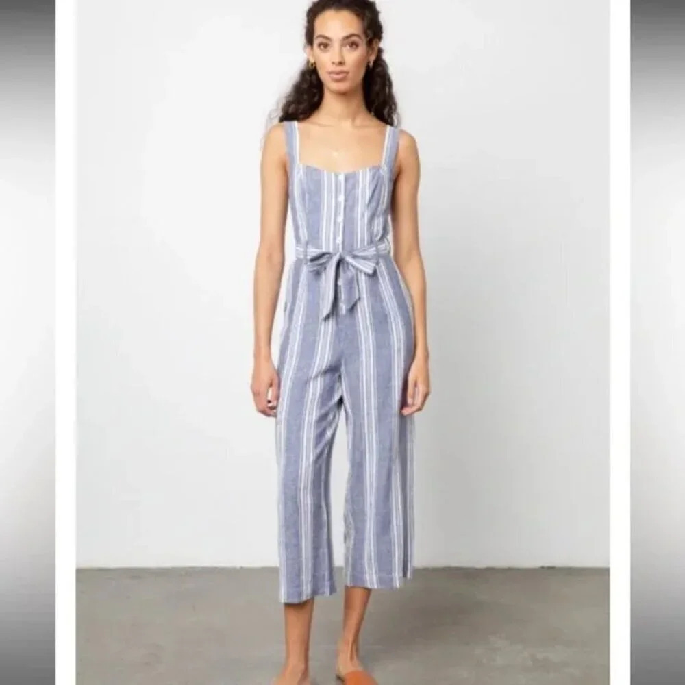 Rails Kyra Linen Rayon Blue White Striped Jumpsuit Sz: Small